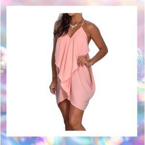 Pink V-Neck Draped Asymmetrical Hem Mini Dress